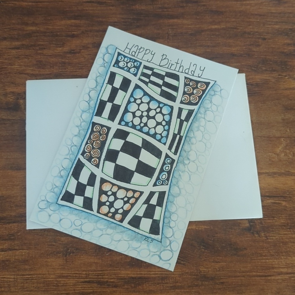 🌻 5/$20 Handmade Checkered Zentangle Card- Blue, Orange & Black-Birthday Card